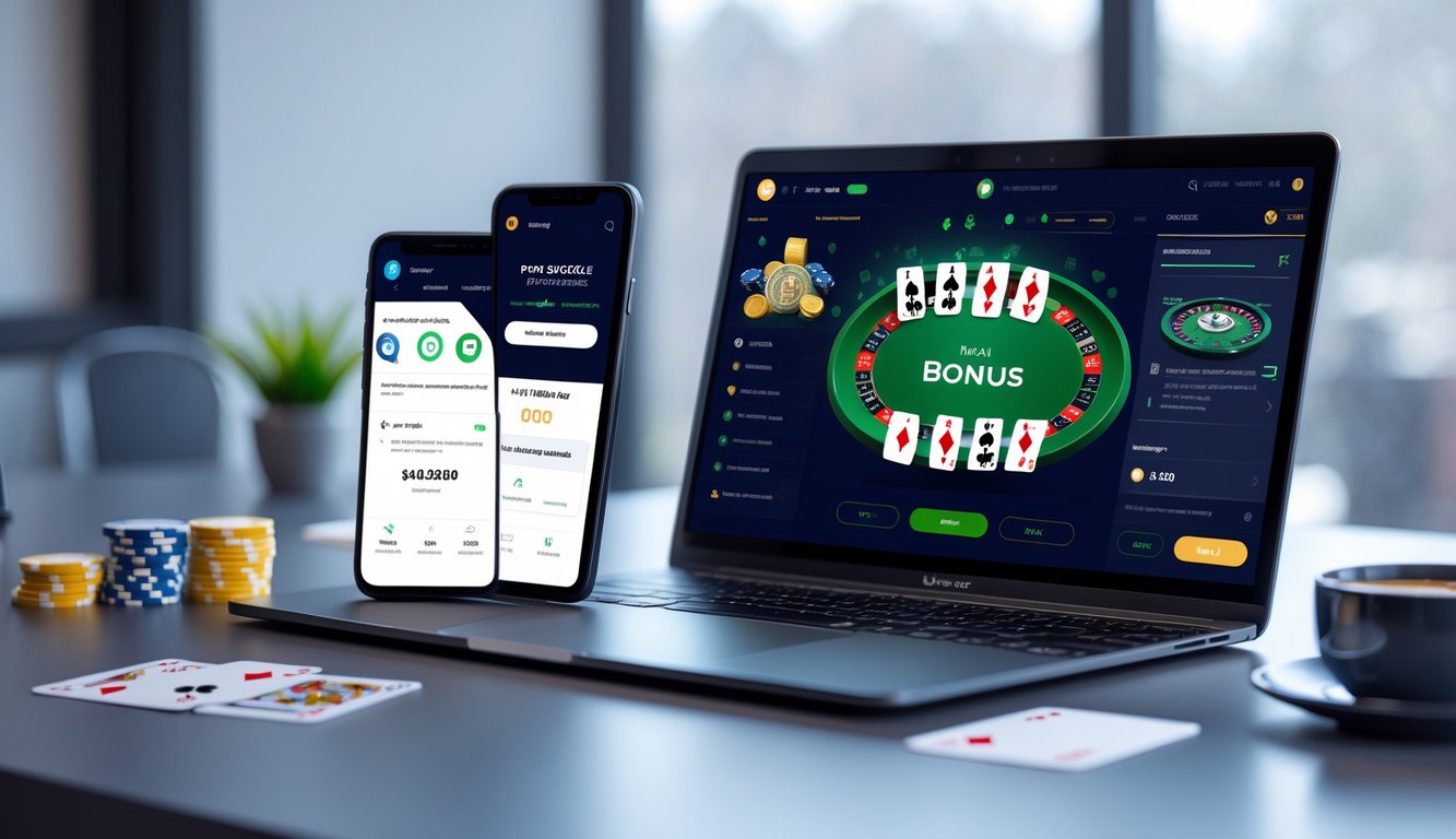 Seorang pengguna sedang melakukan deposit dana di laptop dengan tampilan permainan poker online dan ponsel menunjukkan konfirmasi pembayaran di meja kerja yang rapi.