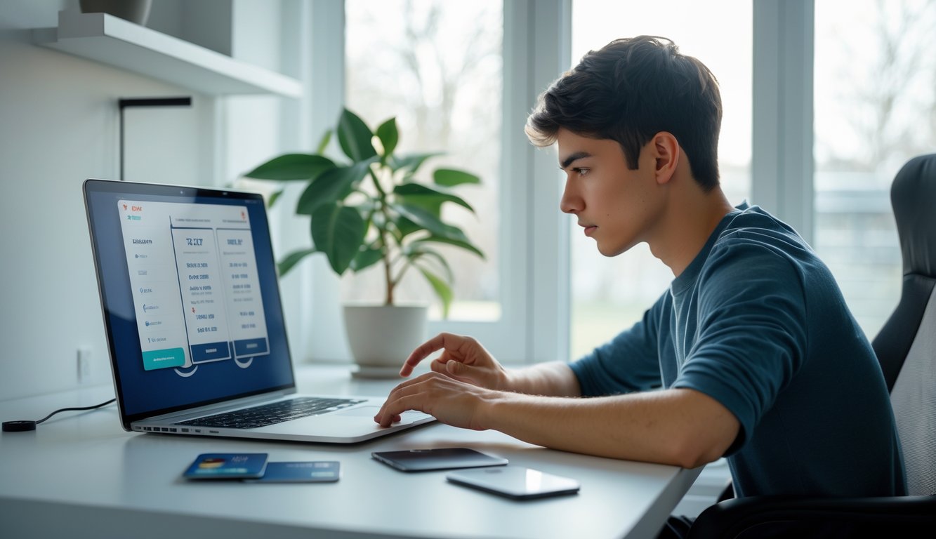 Seorang dewasa muda duduk di meja dengan laptop, menyiapkan akun poker online sebelum melakukan deposit, dengan kartu kredit dan ponsel di dekatnya.