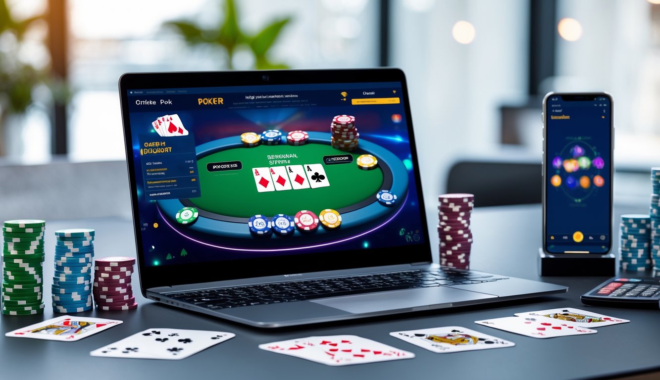 Sebuah meja kerja modern dengan komputer menampilkan permainan poker online, chip poker, kartu bermain, dan ponsel yang menunjukkan aplikasi dompet digital.