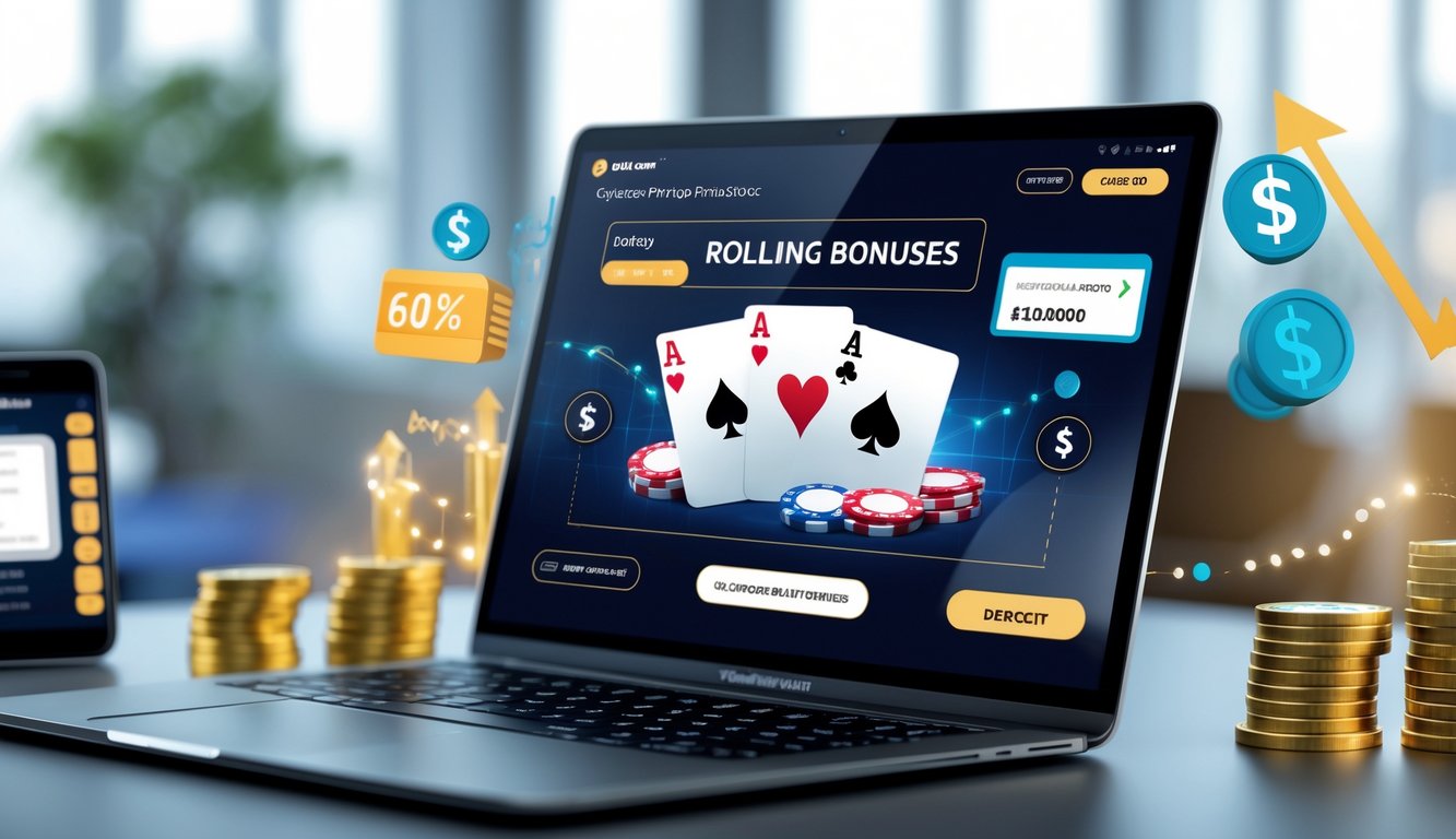 Seseorang menggunakan laptop dengan tampilan permainan poker online dan simbol transaksi digital di sekitarnya.