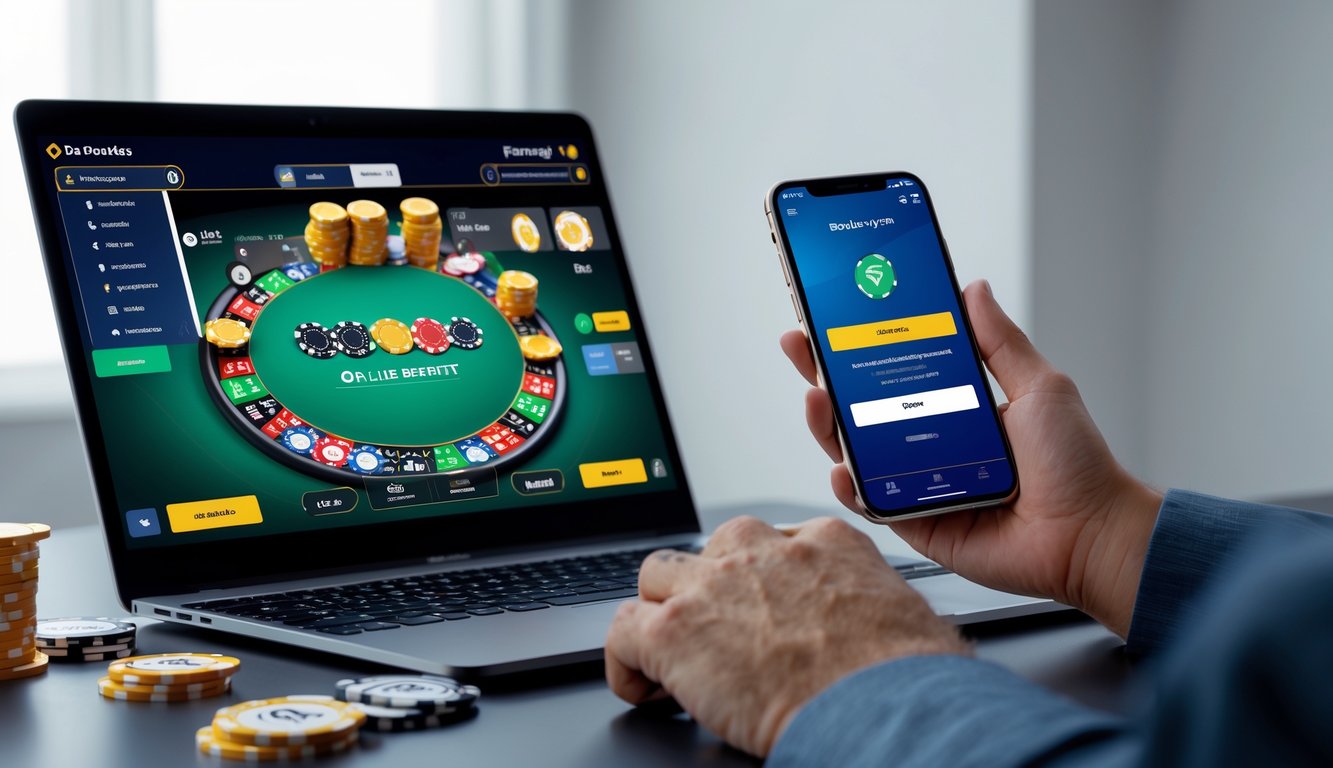 Seorang pemain poker online menggunakan laptop dan smartphone dengan chip poker di tangan, menunjukkan transaksi deposit dan bonus.