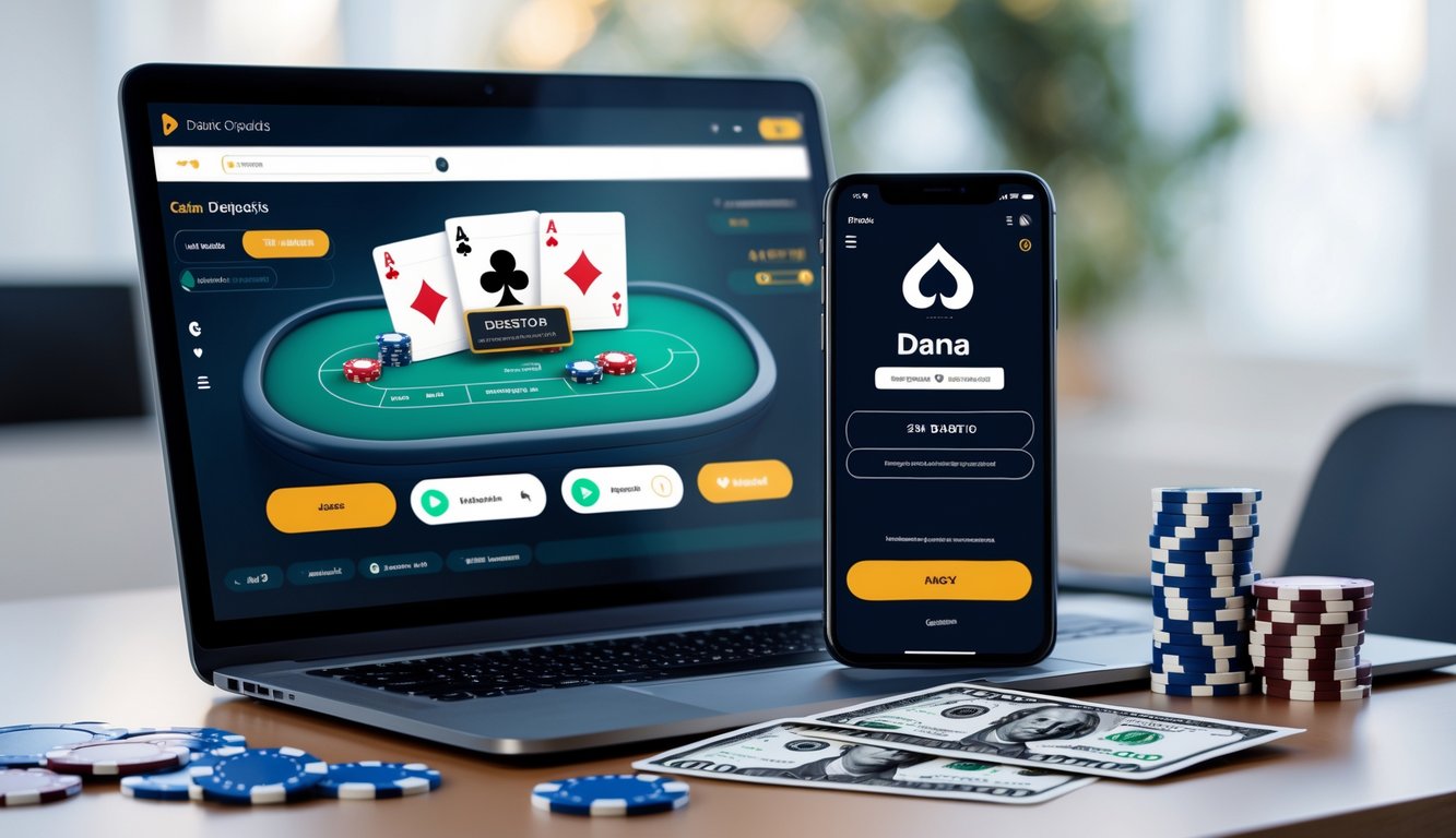 Seorang pemain poker online menggunakan laptop dan smartphone dengan aplikasi Dana terbuka, di meja terdapat chip poker dan kartu remi.