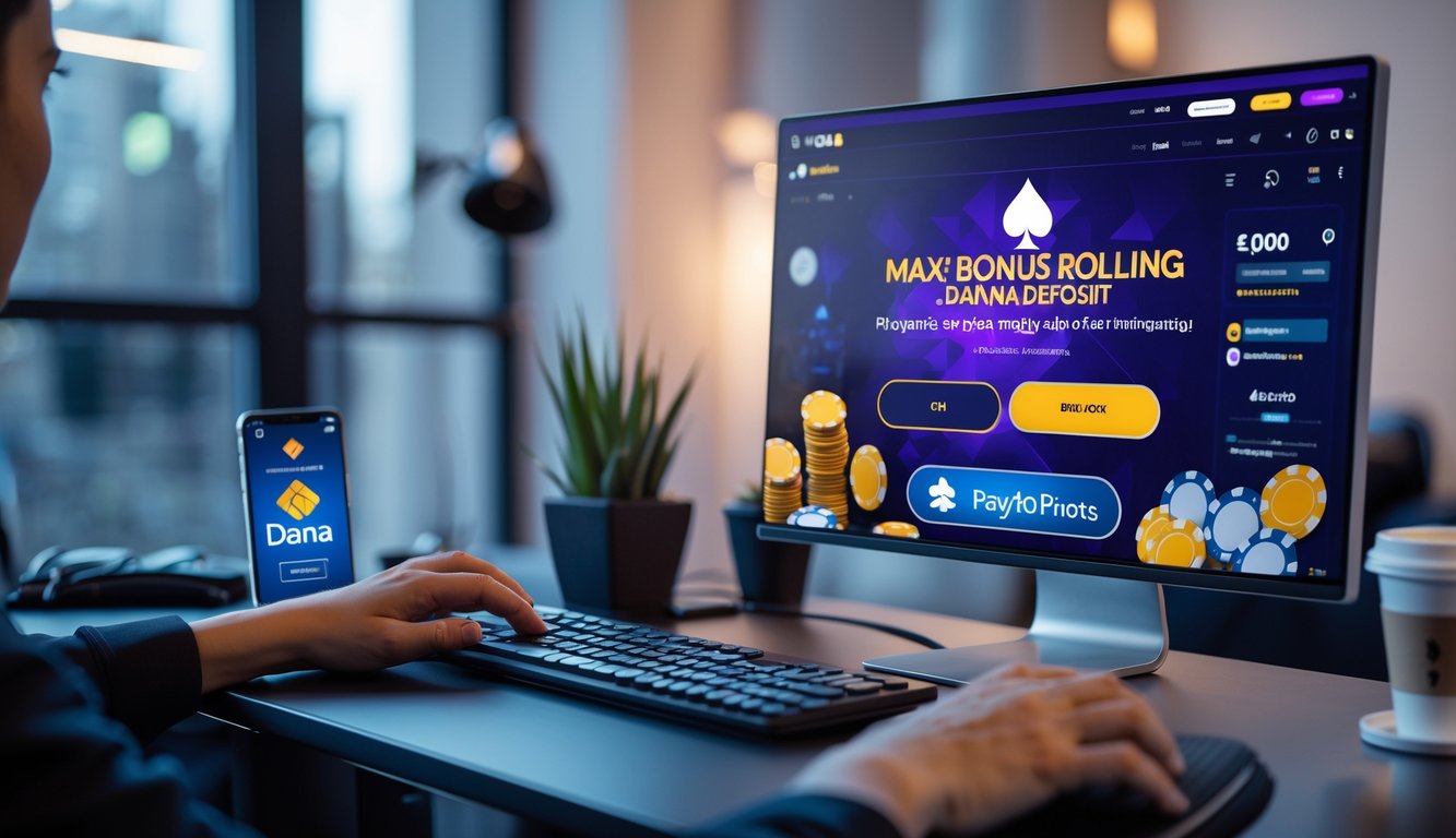 Seseorang bermain poker online di depan komputer dengan tampilan permainan poker dan ikon dompet digital Dana di layar.