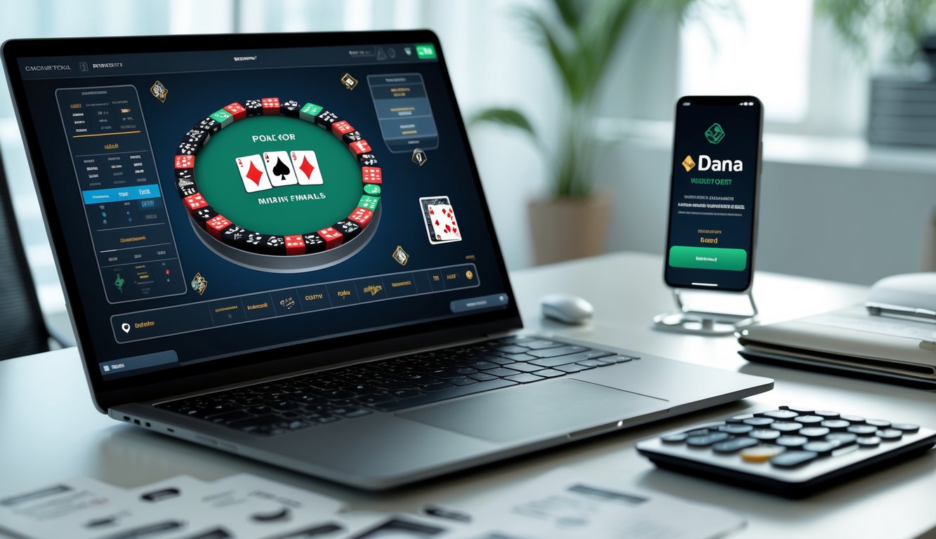 Seorang profesional sedang bekerja dengan laptop yang menampilkan permainan poker online dan ponsel dengan aplikasi pembayaran di meja kerja yang rapi.