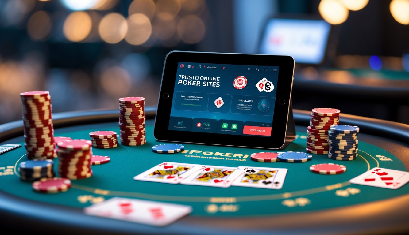 Meja poker modern dengan chip poker, kartu bermain, dan perangkat digital yang menampilkan permainan poker online.