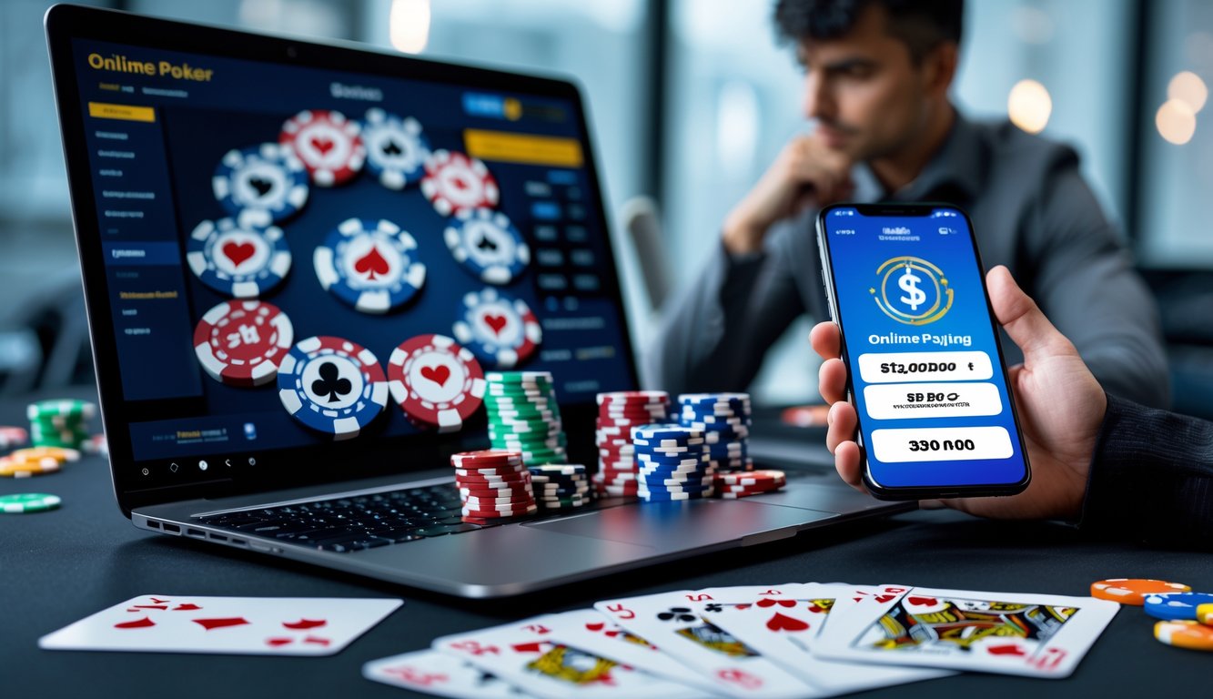 Seorang pria duduk di depan laptop dengan kartu poker dan chip di meja, di sampingnya terlihat ponsel yang menampilkan aplikasi pembayaran online.