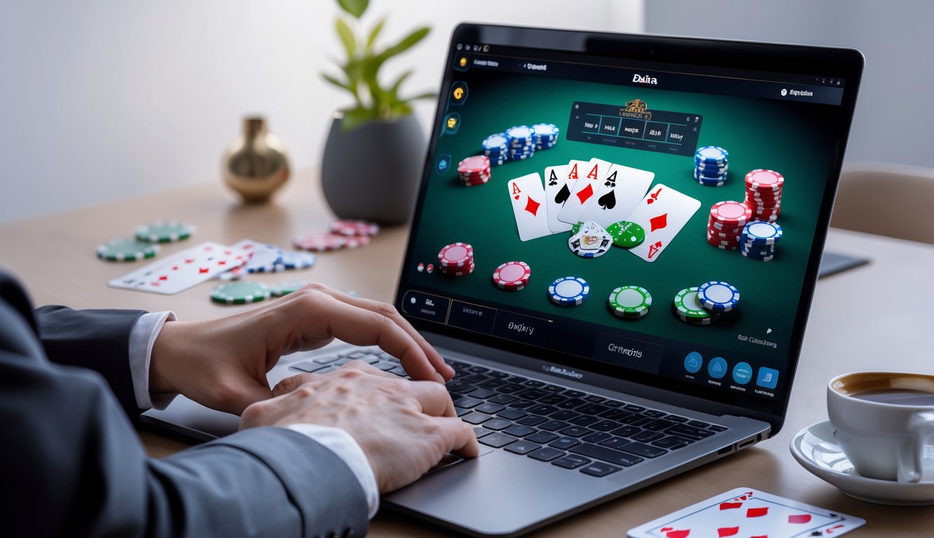 Seseorang bermain poker online di laptop dengan smartphone dan chip poker di meja