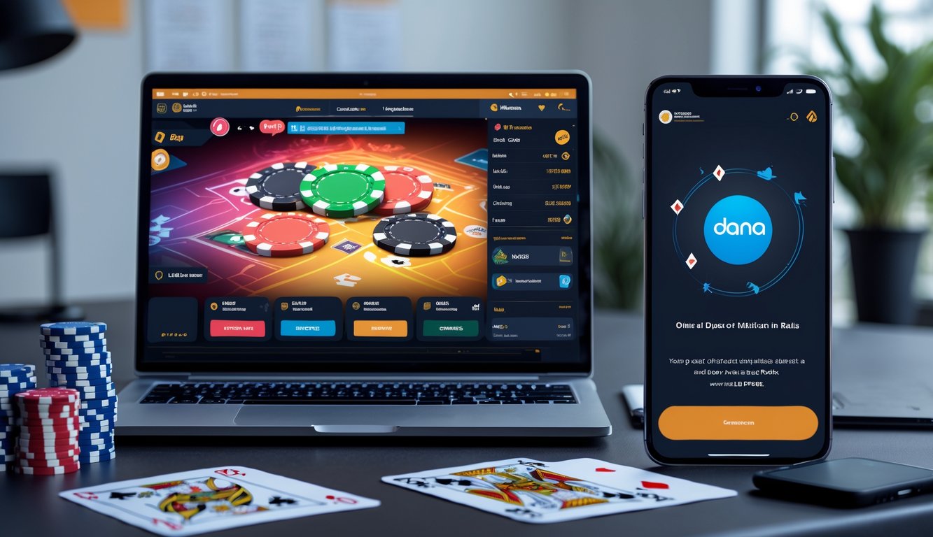 Seorang pria menggunakan laptop dan smartphone untuk bermain poker online dan melakukan deposit melalui aplikasi Dana di ruang kerja yang rapi.