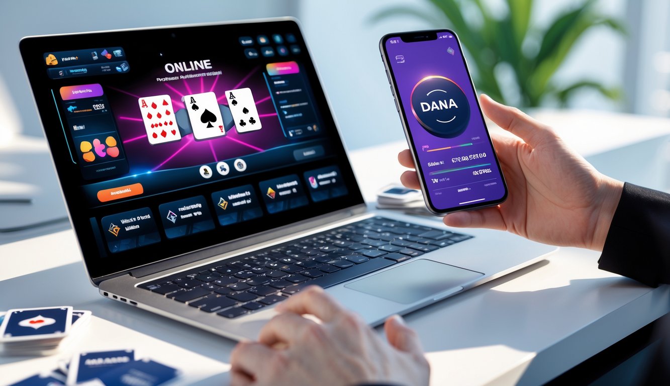 Seorang pengguna sedang bermain poker online di laptop dengan ponsel yang menampilkan aplikasi dompet digital di meja kerja modern.