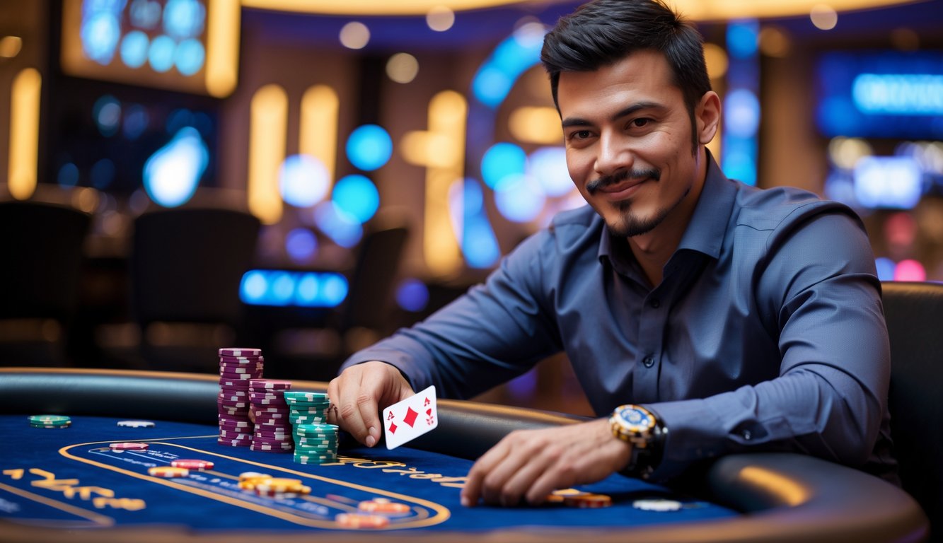 Seorang pria duduk di meja poker dengan kartu dan tumpukan chip, terlihat fokus dan percaya diri di kasino modern.