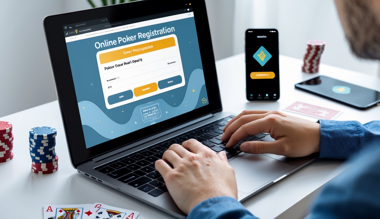 Seseorang sedang mendaftar poker online menggunakan laptop dan smartphone di meja kerja yang rapi dengan chip poker dan kartu remi.