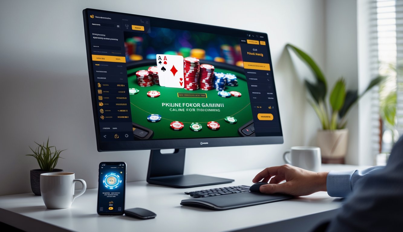 Seseorang sedang menggunakan komputer dan ponsel di meja kerja dengan tampilan permainan poker online dan aplikasi dompet digital.