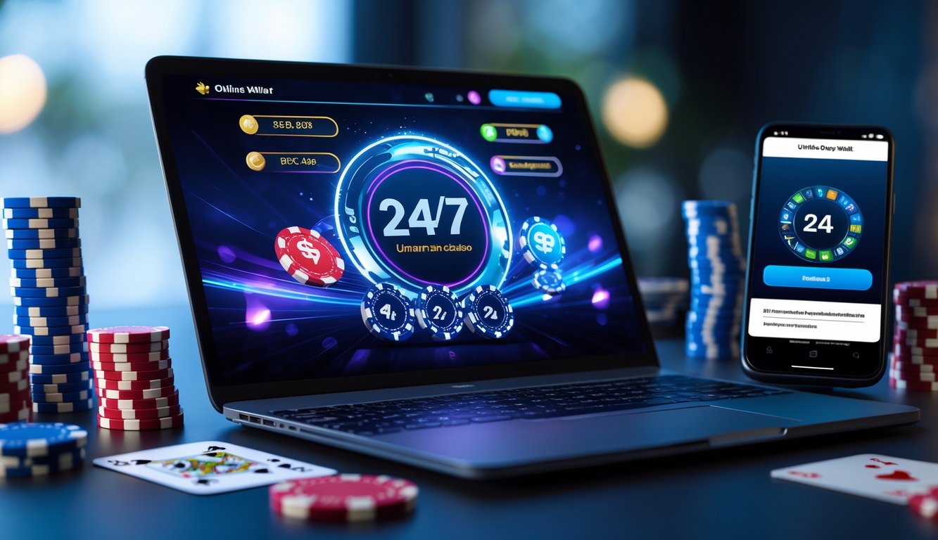 Seseorang menggunakan laptop dan smartphone untuk bermain poker online dengan tampilan transaksi digital dan chip poker di meja.