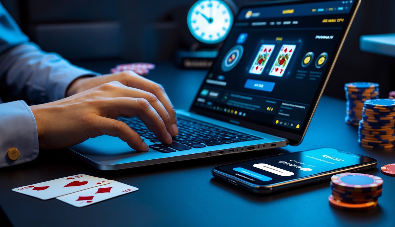 Tangan seseorang menggunakan laptop dan ponsel untuk melakukan deposit dana di situs poker online dengan chip poker dan kartu di meja.