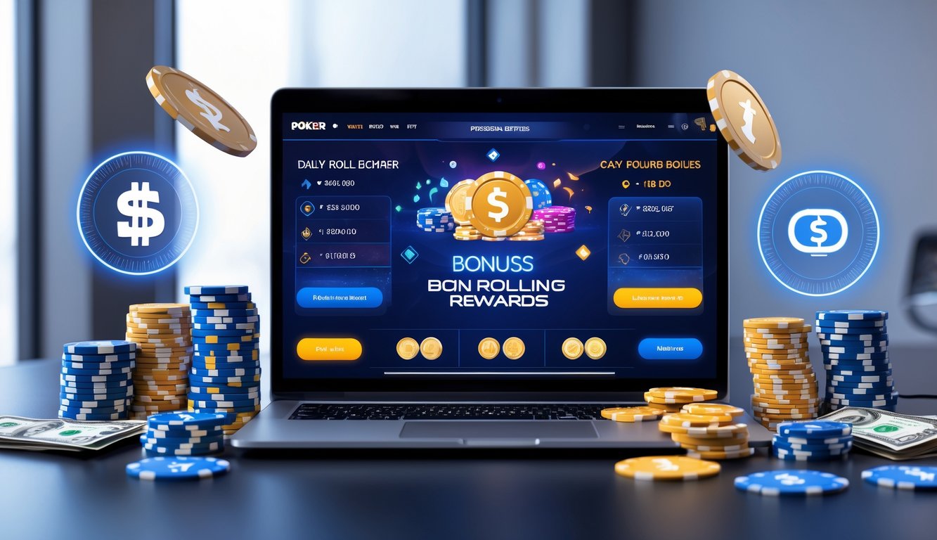Sebuah setup permainan poker online dengan laptop menampilkan permainan poker, tumpukan chip, dan simbol dompet digital yang menunjukkan bonus dan transaksi harian.