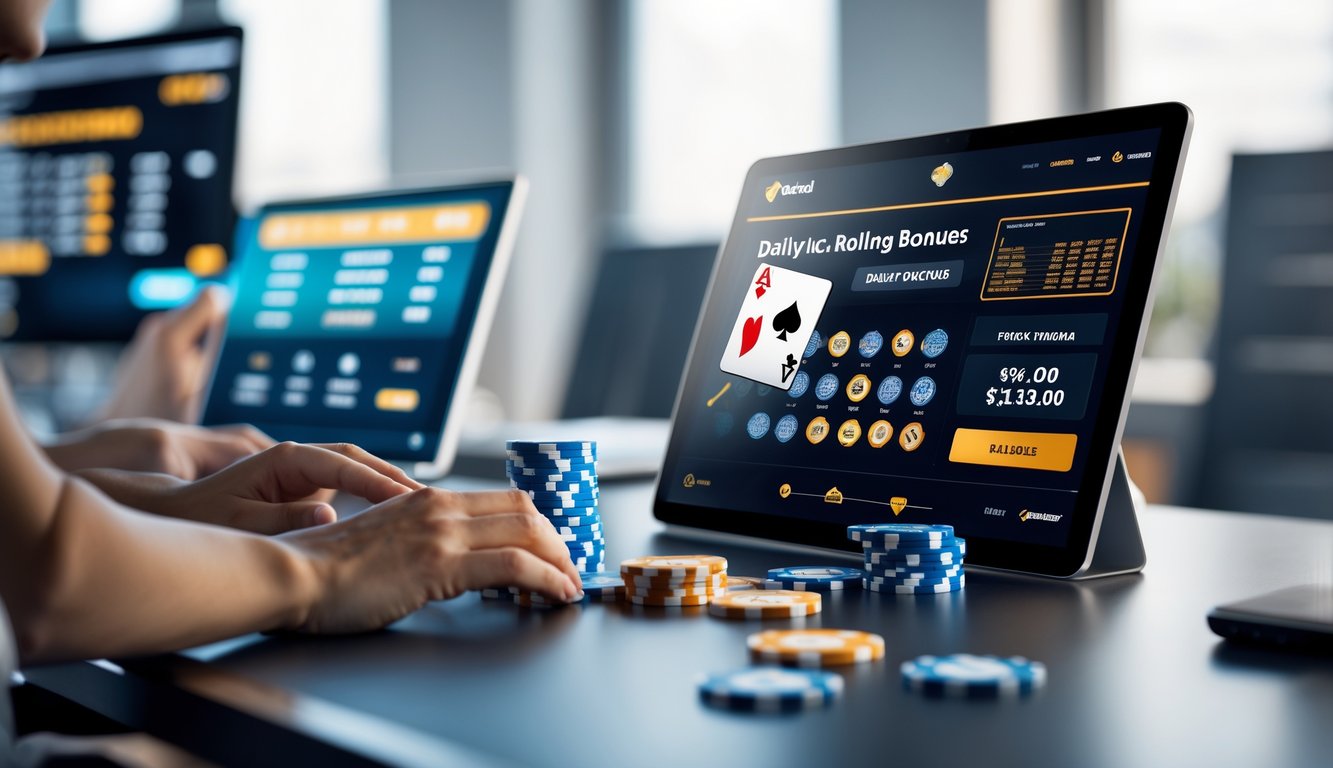 Seorang pengguna sedang bermain poker online dengan tampilan layar yang menampilkan kartu dan chip poker serta grafik bonus harian di sebuah ruang kerja modern.