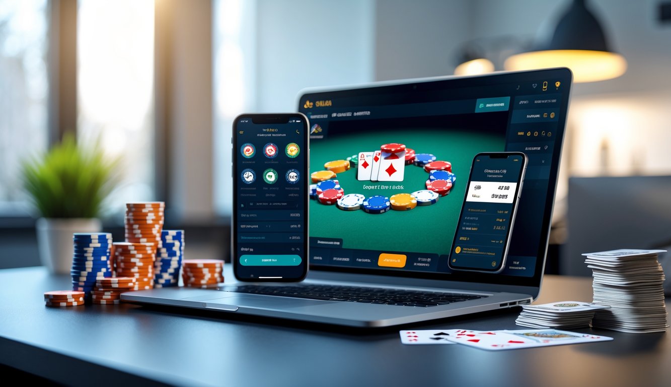Sebuah ruang kerja dengan laptop menampilkan permainan poker online, smartphone dengan aplikasi dompet digital, dan chip poker di atas meja.
