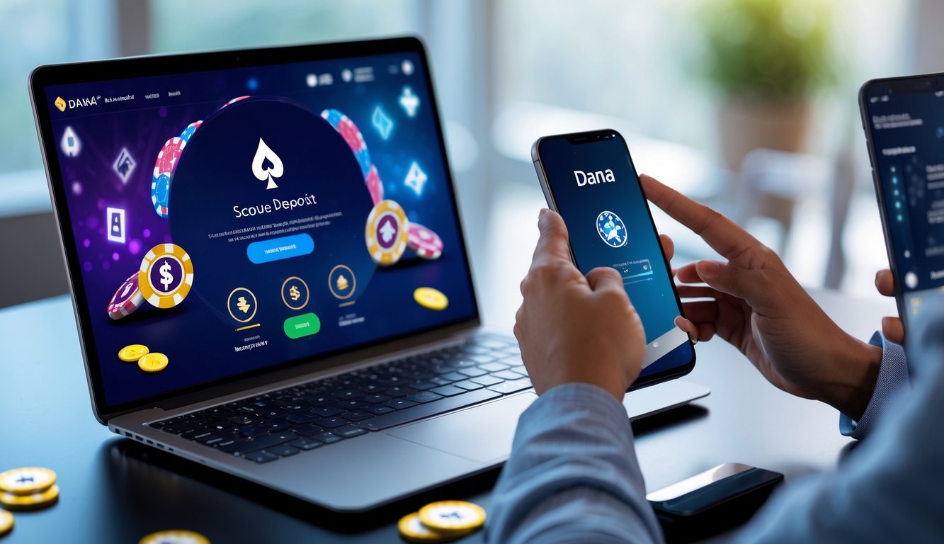 Seseorang menggunakan laptop dan ponsel untuk bermain poker online dengan tampilan deposit Dana yang mudah dan tanpa potongan.