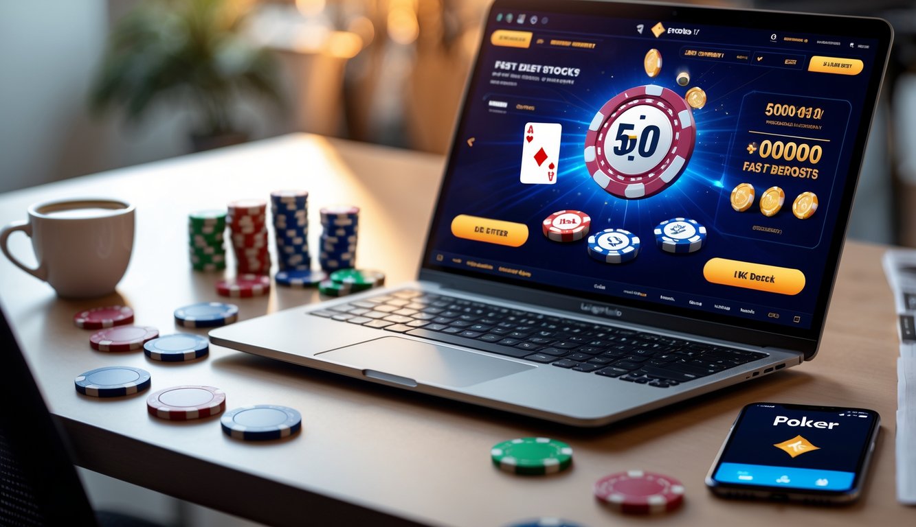 Sebuah laptop dengan permainan poker online di layar, dikelilingi chip poker, smartphone dengan aplikasi pembayaran, dan secangkir kopi di atas meja.