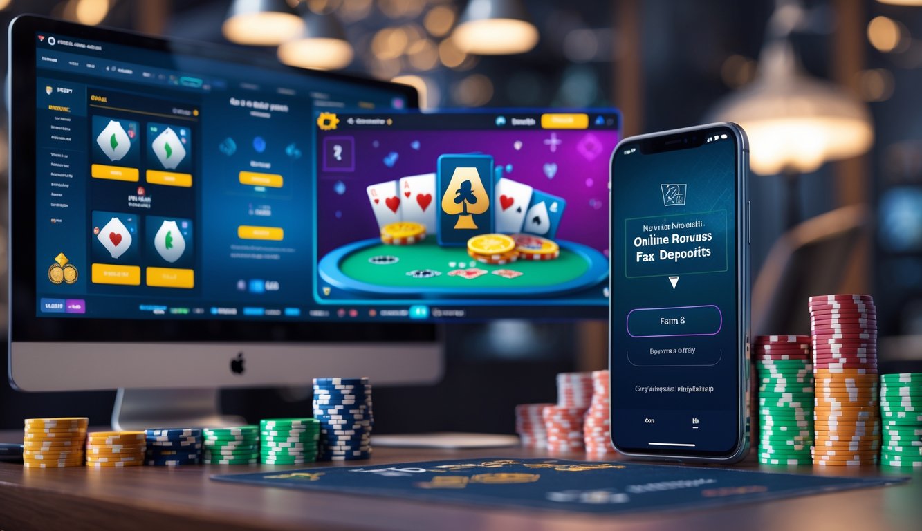 Meja dengan komputer dan ponsel yang menampilkan permainan poker online dan transaksi pembayaran cepat.