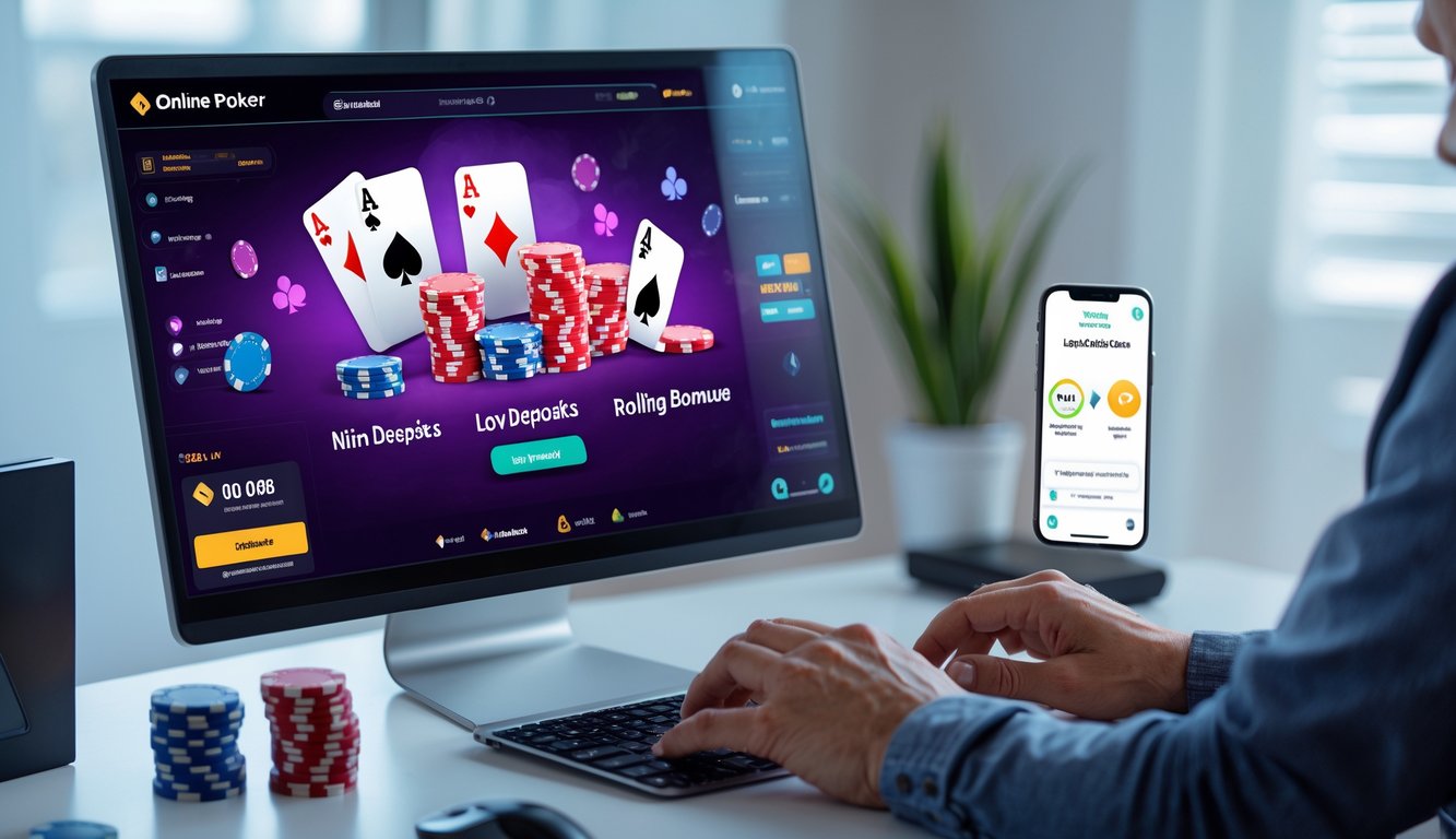 Seorang pemain poker online menggunakan laptop dengan tampilan permainan poker dan ikon pembayaran digital di meja yang rapi.