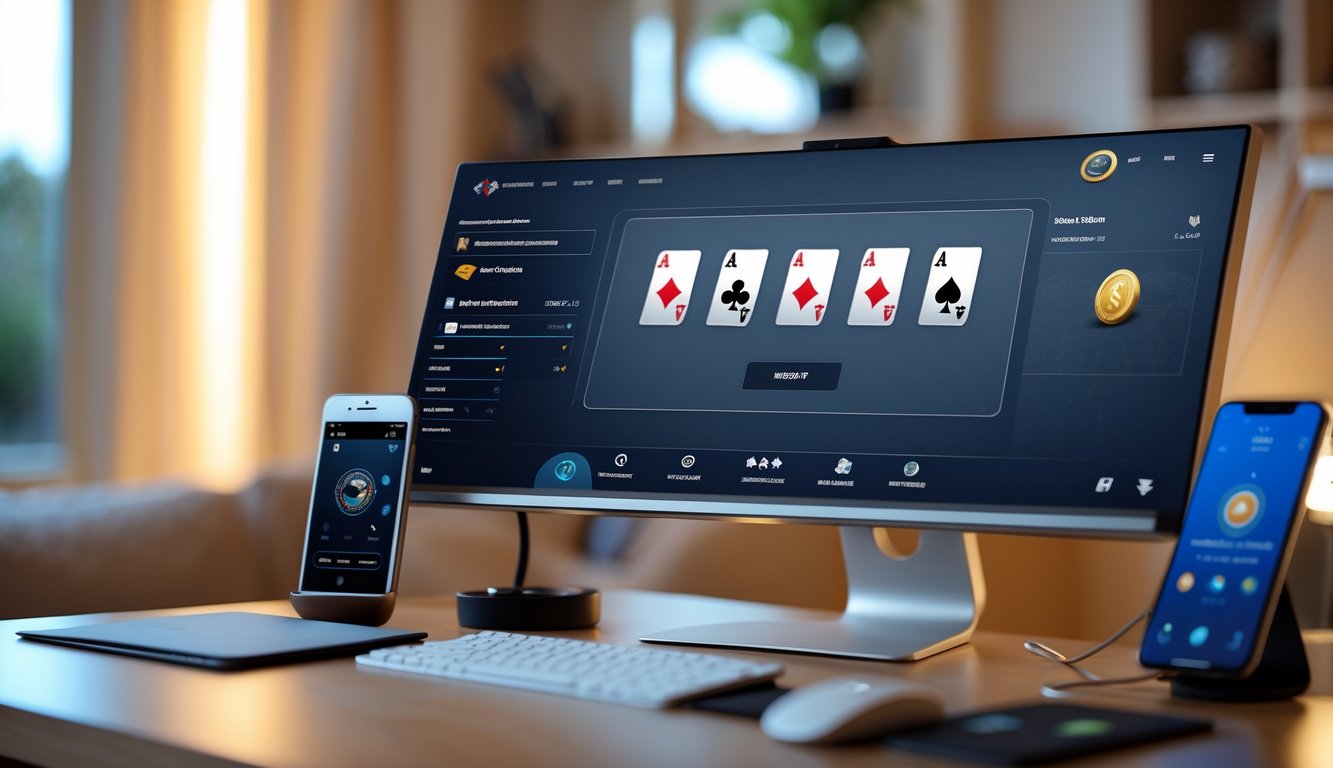 Seorang pemain poker online menggunakan komputer dan ponsel di meja kerja dengan suasana ruangan yang nyaman dan pencahayaan hangat.