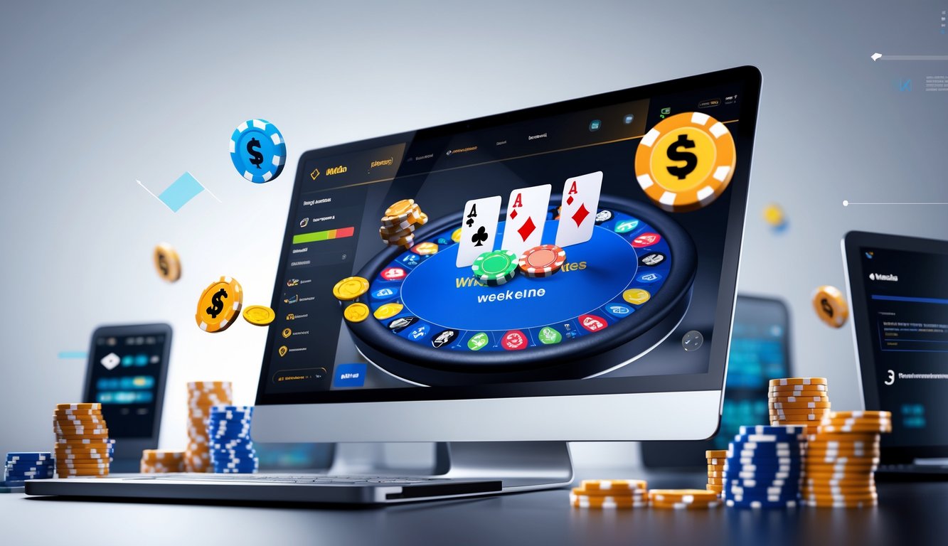 Seseorang sedang bermain poker online di komputer dengan tumpukan chip dan kartu di layar, di lingkungan kerja yang bersih dan terang.
