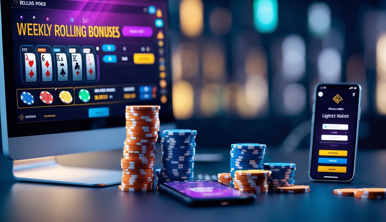 Sebuah meja dengan komputer dan ponsel yang menampilkan permainan poker online dan transaksi pembayaran digital.