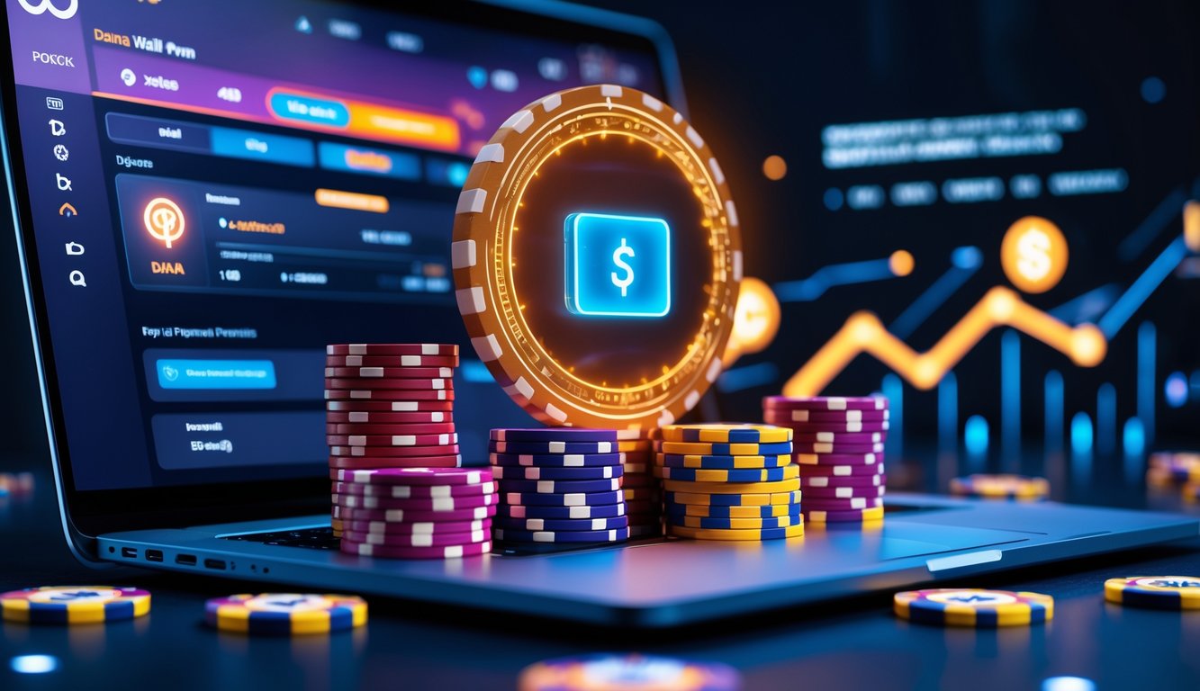 Seorang pemain poker online menggunakan laptop dengan tumpukan chip poker dan ikon dompet digital di layar.