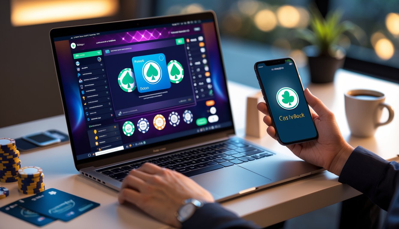 Seorang pemain poker online menggunakan laptop dengan tampilan permainan poker dan ikon pembayaran digital, di meja kerja yang rapi dengan pencahayaan hangat.