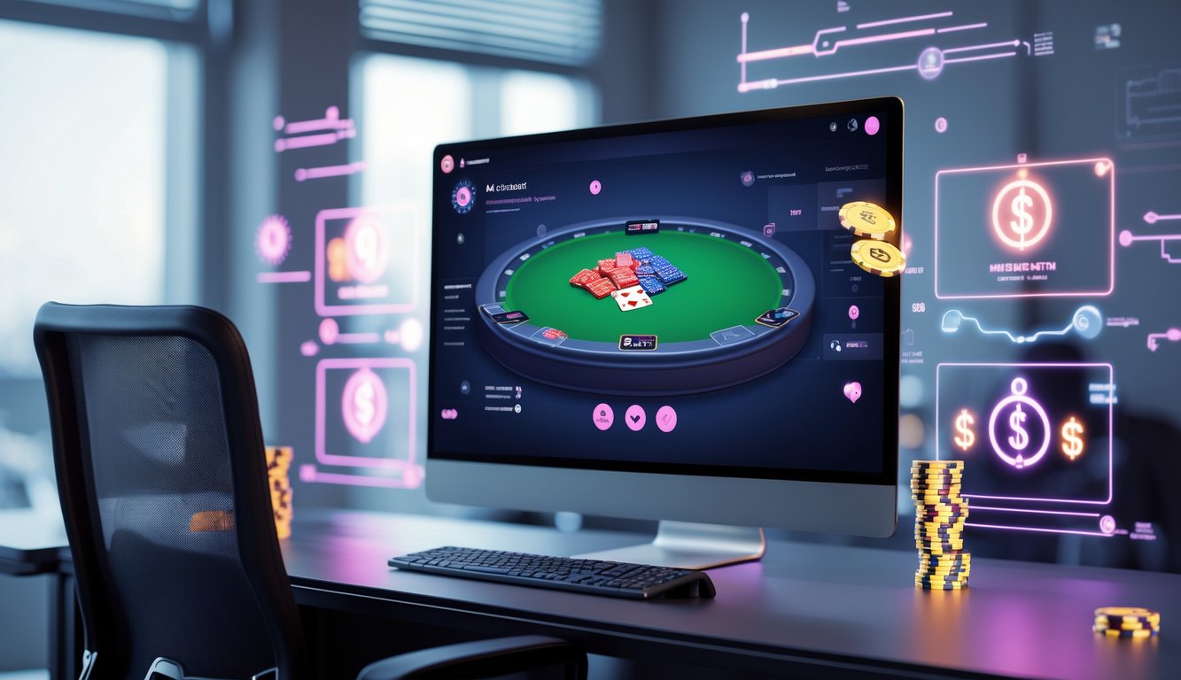 Seorang pemain duduk di depan komputer dengan tampilan permainan poker online dan elemen visual yang menunjukkan transaksi keuangan dan sistem otomatis.