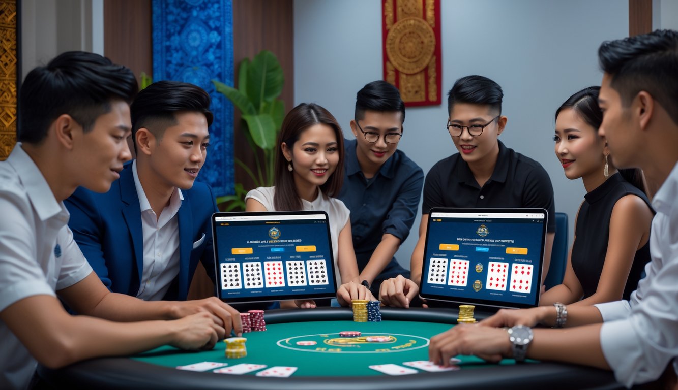 Sekelompok orang muda sedang bermain poker online di ruangan modern dengan beberapa layar komputer dan tablet, menampilkan suasana fokus dan antusias.