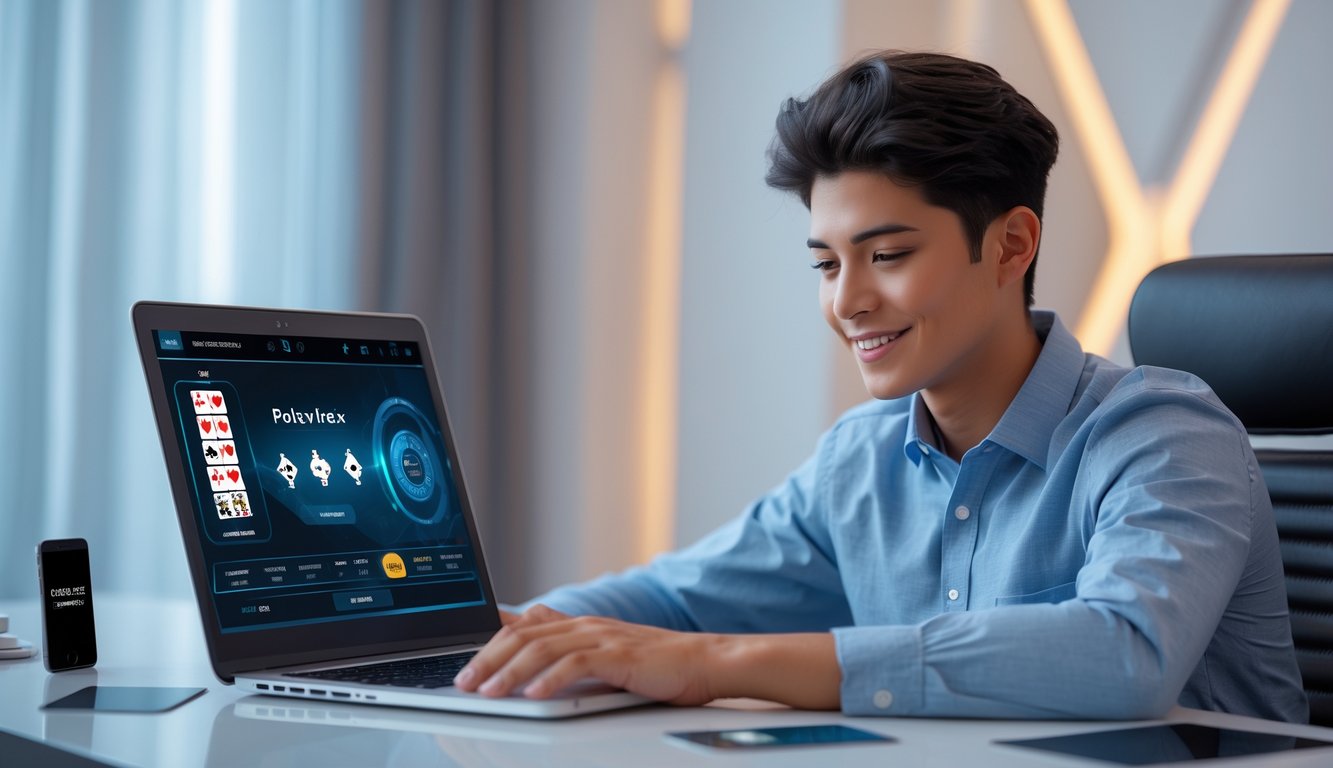 Seorang dewasa muda duduk di meja dengan laptop dan ponsel, terlihat fokus dan tersenyum saat bermain poker online.