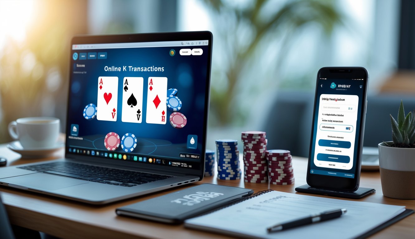Meja kerja dengan laptop menampilkan permainan poker online, smartphone menunjukkan aplikasi dompet digital, dan beberapa chip poker di atas meja.