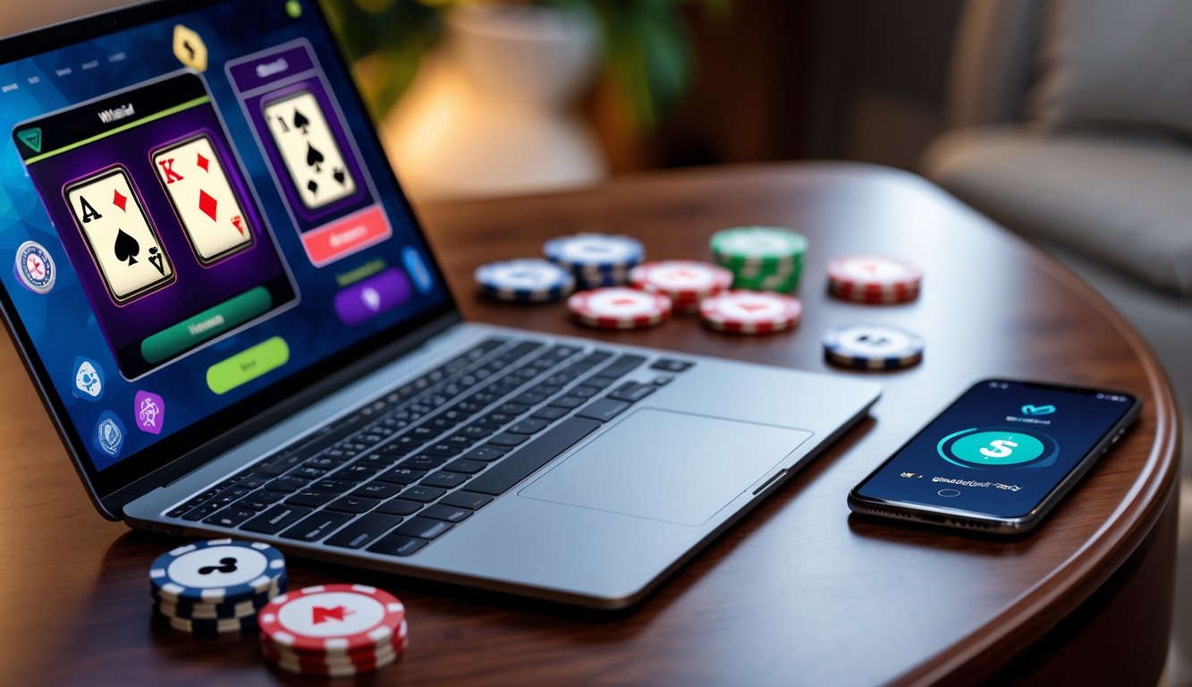 Seorang pemain poker online menggunakan laptop dan smartphone di meja kayu dengan tumpukan chip poker dan kartu bermain.