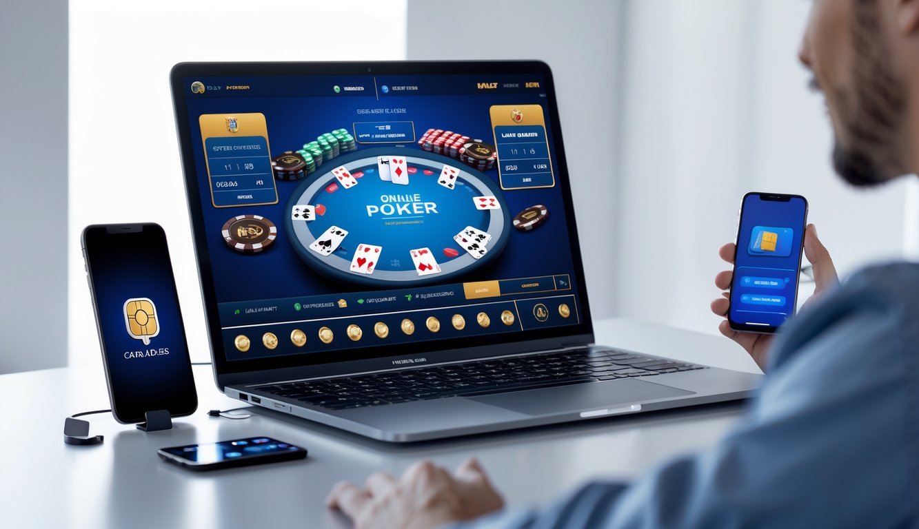 Seorang pengguna sedang bermain poker online di laptop dengan tampilan kartu dan chip, di sampingnya terdapat ponsel dan simbol pembayaran digital.