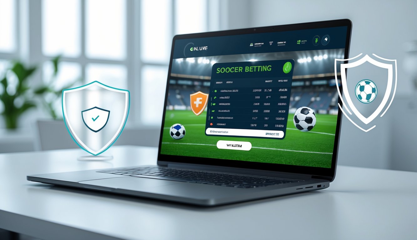 Suasana modern dengan laptop dan ponsel menampilkan antarmuka taruhan sepak bola online serta simbol keamanan transaksi digital.