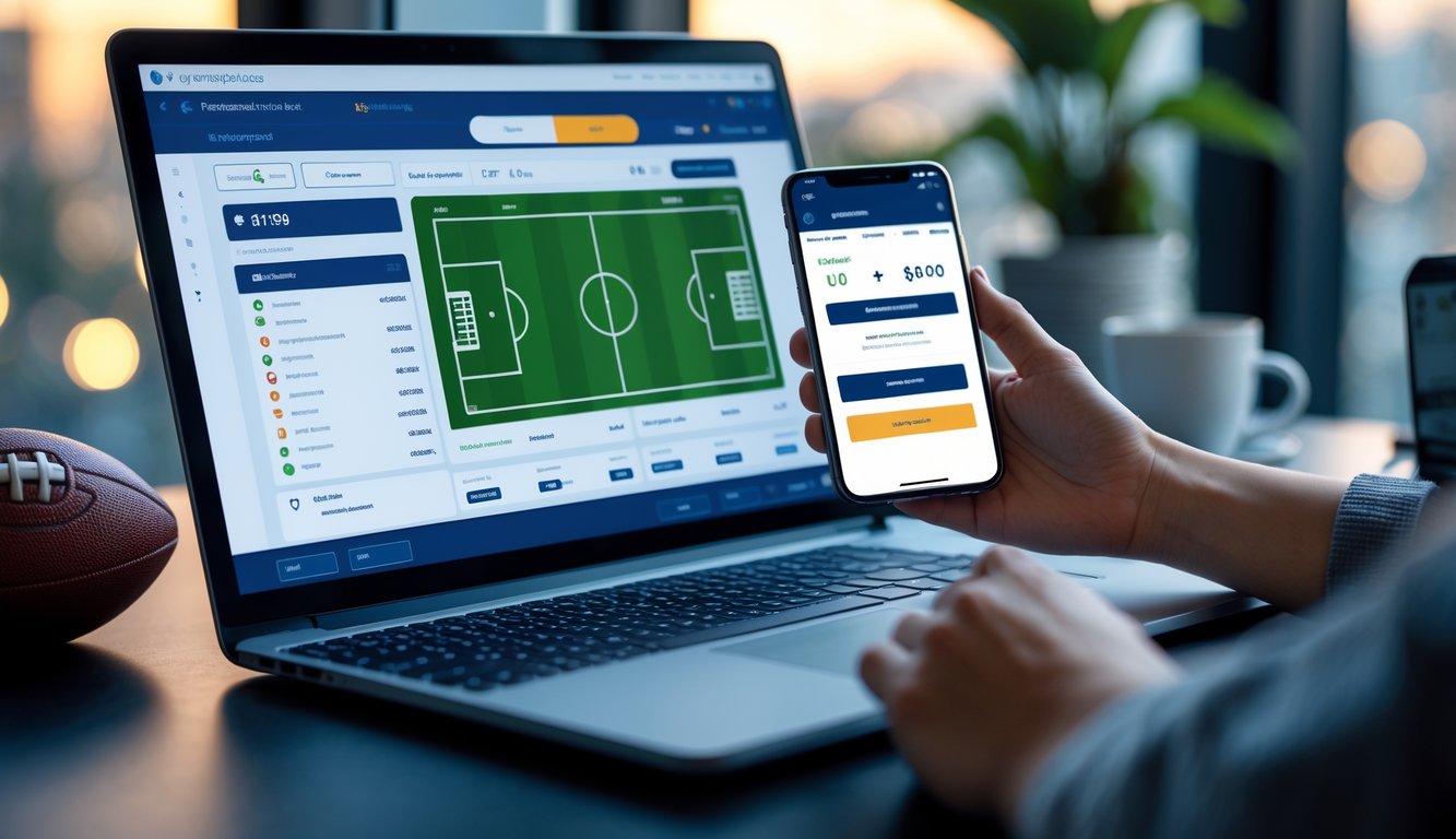 Seorang pengguna menggunakan laptop dan ponsel di meja dengan latar belakang bola sepak dan suasana kerja yang nyaman.