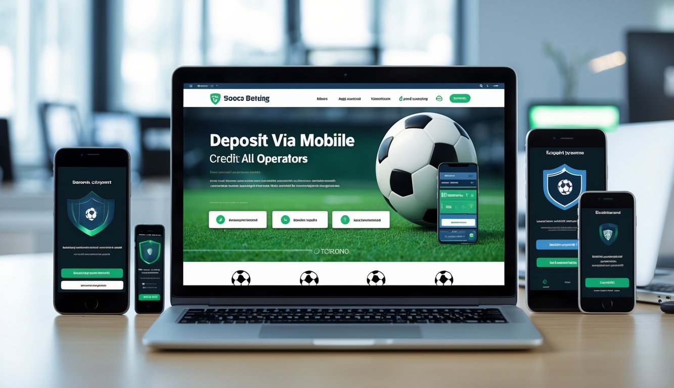 Seorang pengguna sedang mengakses situs taruhan bola di laptop dengan berbagai perangkat mobile di sekitarnya, menunjukkan sistem keamanan yang kuat.