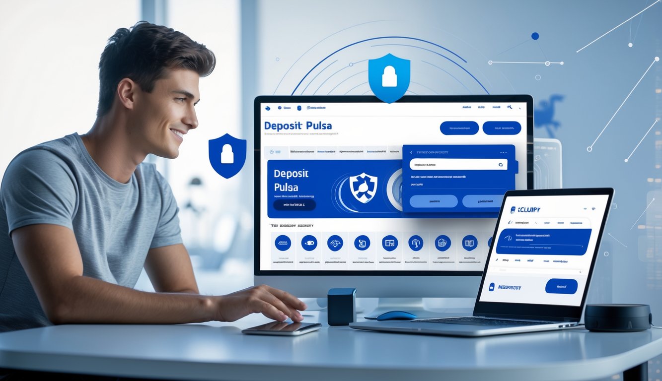 Seorang pria muda duduk di meja dengan ponsel dan laptop, menampilkan situs taruhan olahraga dengan simbol keamanan digital di latar belakang.