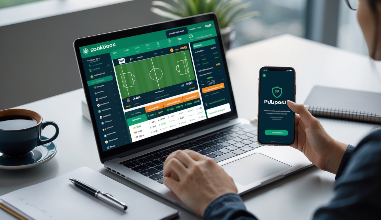 Seorang pengguna menggunakan laptop dan ponsel di meja kerja dengan tampilan aplikasi taruhan bola online dan pembayaran pulsa.