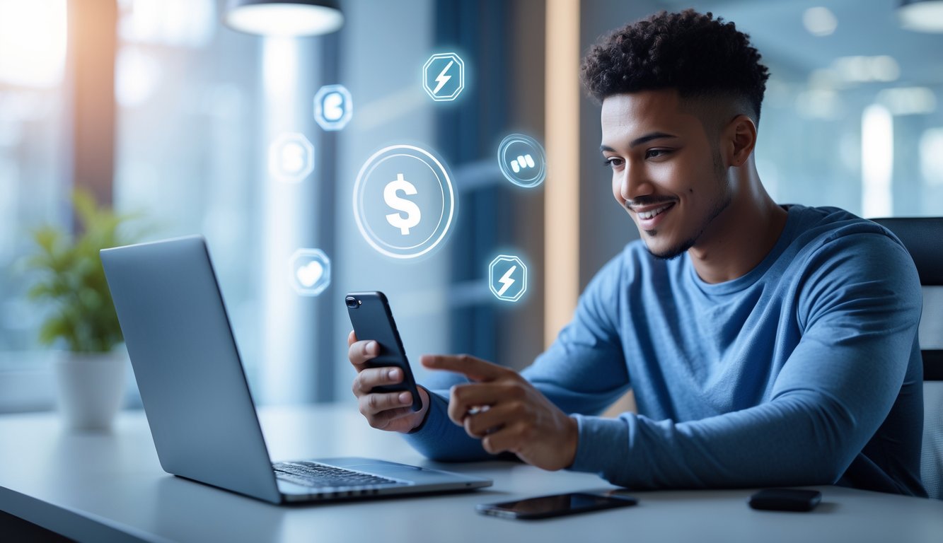 Seorang pria muda menggunakan ponsel dan laptop di meja kerja dengan ikon keuangan digital yang melambangkan proses deposit dan penarikan cepat.