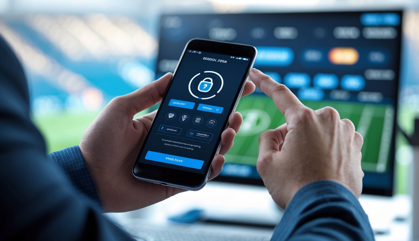 Seseorang memegang ponsel dengan tampilan transaksi digital di latar belakang stadion sepak bola dan bola.