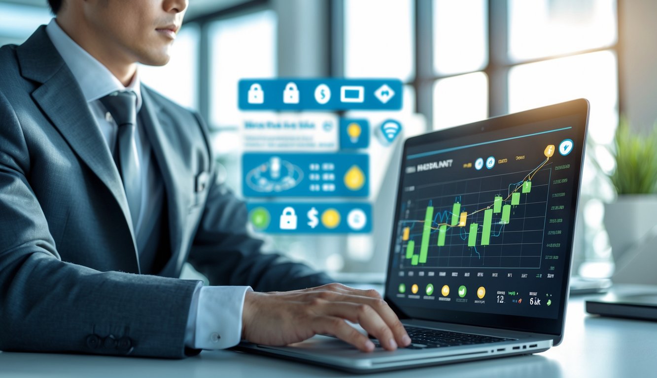 Seorang pria Asia berpakaian rapi sedang menggunakan laptop di kantor modern dengan grafik keuangan di layar, menggambarkan aktivitas taruhan online yang aman dan terpercaya.