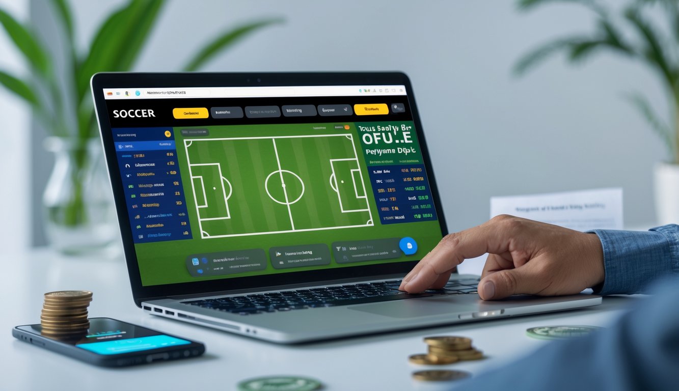 Seseorang menggunakan laptop dan ponsel untuk bermain judi bola online dengan tampilan taruhan sepak bola di layar, dikelilingi oleh simbol uang dan aplikasi pembayaran.