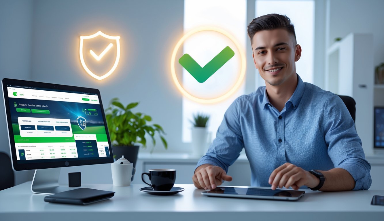 Seorang pria muda duduk di meja dengan laptop dan ponsel, menggunakan layanan taruhan olahraga online yang aman dan legal.