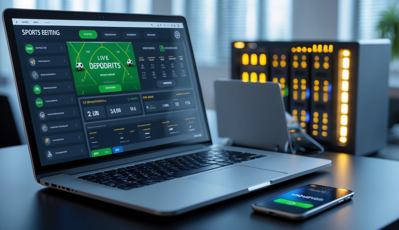 Suasana ruang kerja modern dengan laptop dan ponsel yang menampilkan aktivitas taruhan olahraga online dan pembayaran digital.