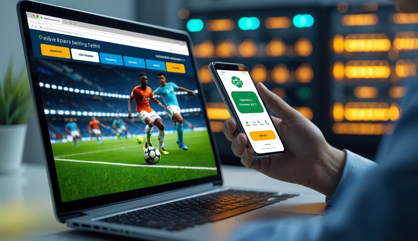 Seorang pria muda menggunakan smartphone di depan laptop yang menampilkan pertandingan sepak bola online, dengan latar belakang server yang menyala.