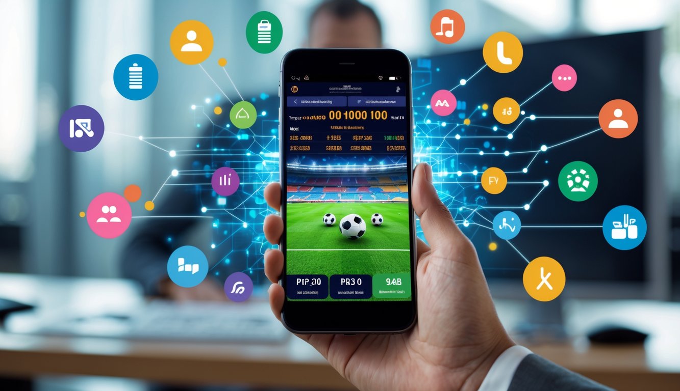 Seseorang memegang ponsel dengan aplikasi taruhan bola online yang menampilkan grafik sepak bola dan ikon provider layanan seluler di latar belakang kantor modern.