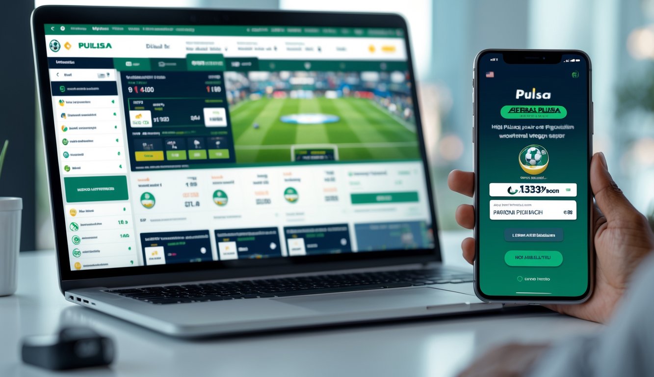 Seorang pria menggunakan laptop dan smartphone di meja kerja modern, menampilkan aplikasi taruhan bola online dan dompet digital pulsa.